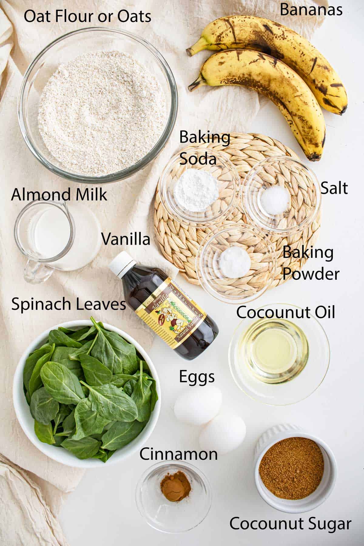 Ingredients laid out with labels for banana and spinach muffins.