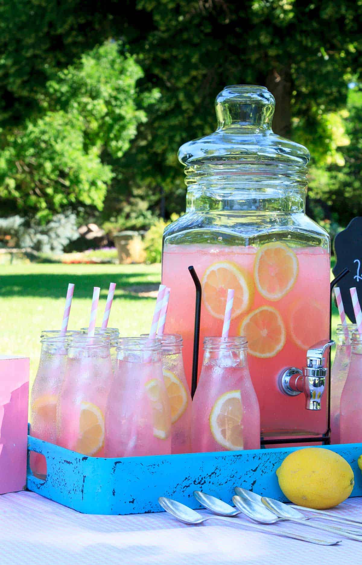 A jug of pink lemonade with glasses and straws at a garden picnic party. 