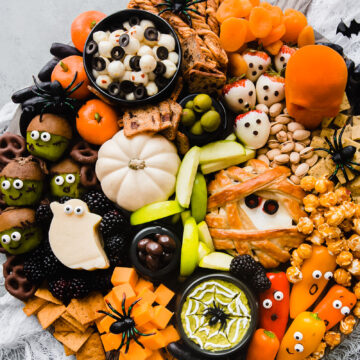 A platter of halloween snacks on a table.