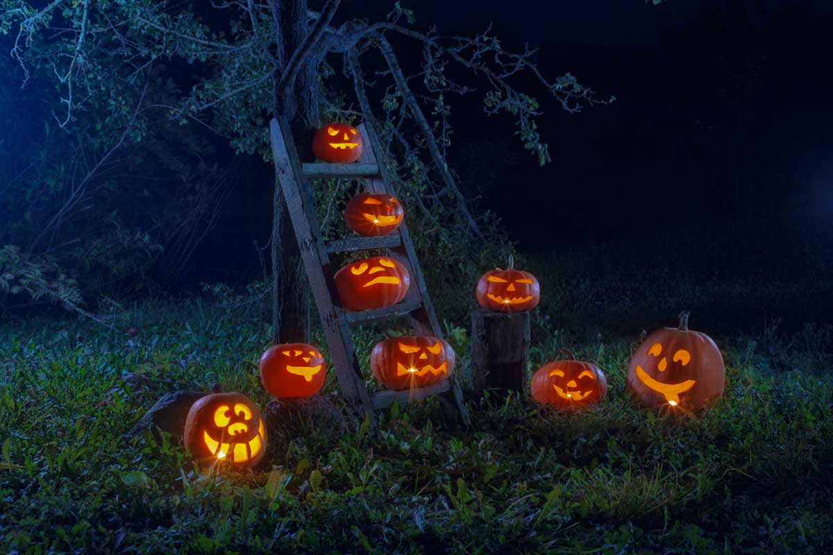 A group of carved pumpkins in a field at night.