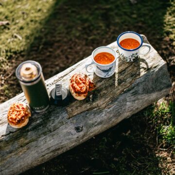 A picnic scene with 2 cups of soup with a thermos and two scroll rolls on a log.