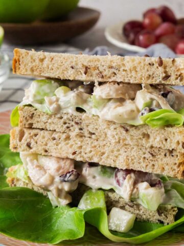 A chicken Waldorf salad sandwich with grapes and lettuce on a plate.