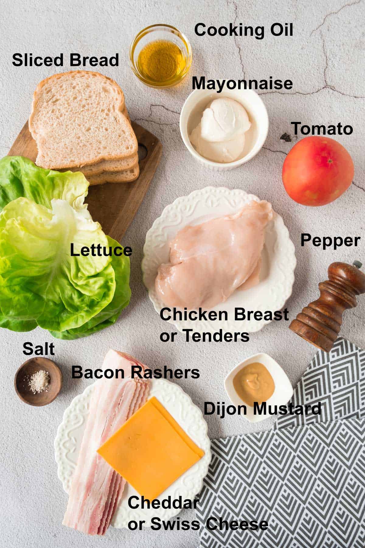 A list of ingredients for a chicken club sandwich.