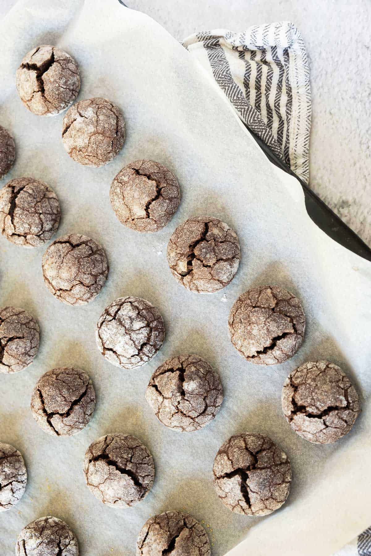 Chocolate snowball cookies on a baking sheet.