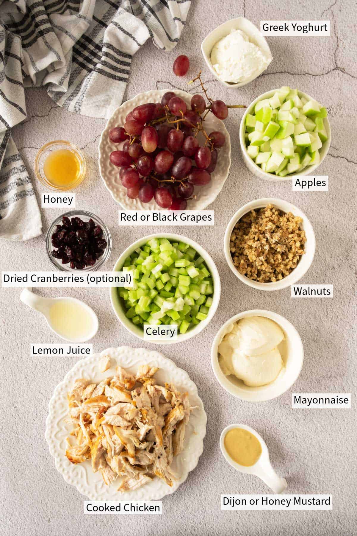 The ingredients for a Waldorf chicken salad with grapes and grapes.