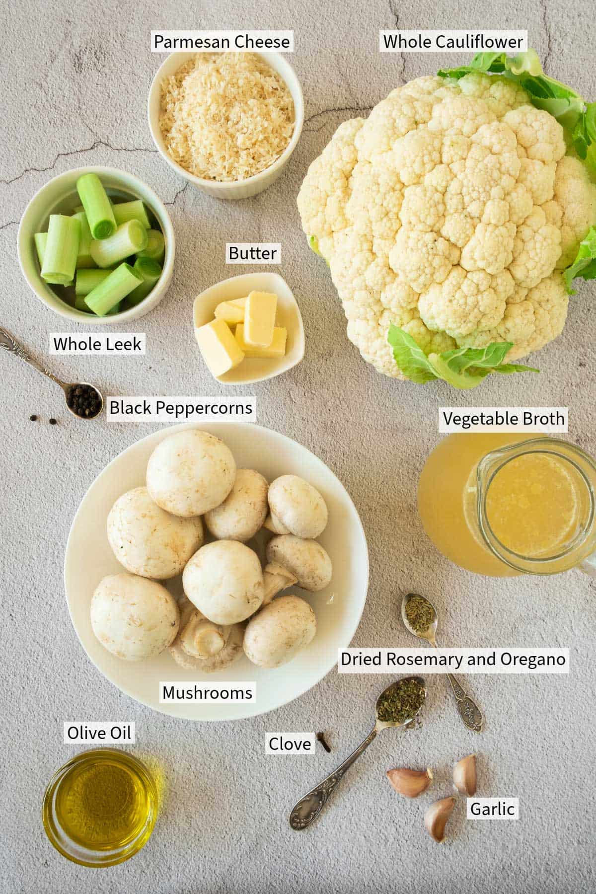 Ingredients for cauliflower and mushroom soup.