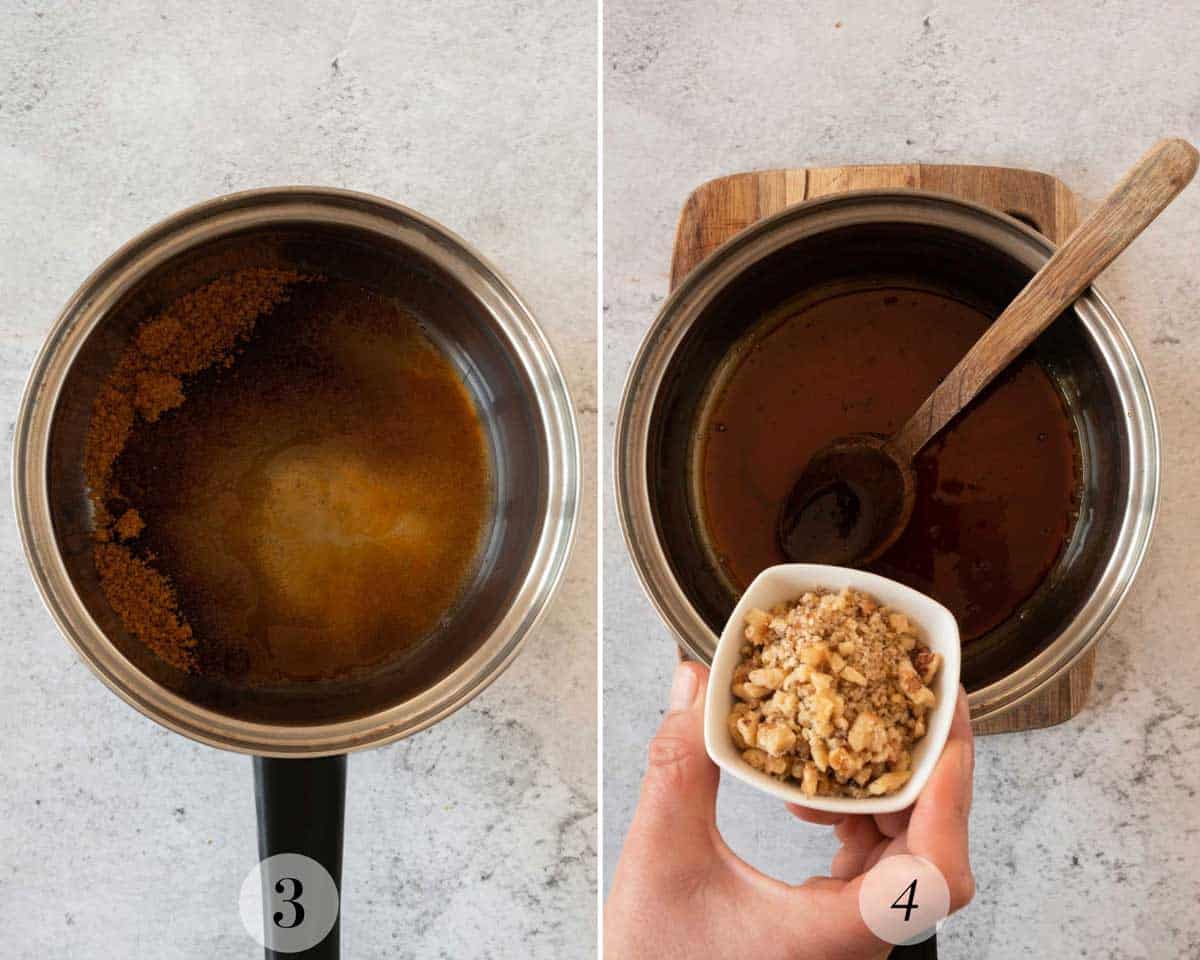 Two photos showing the process of making a caramel sauce for candied walnuts.