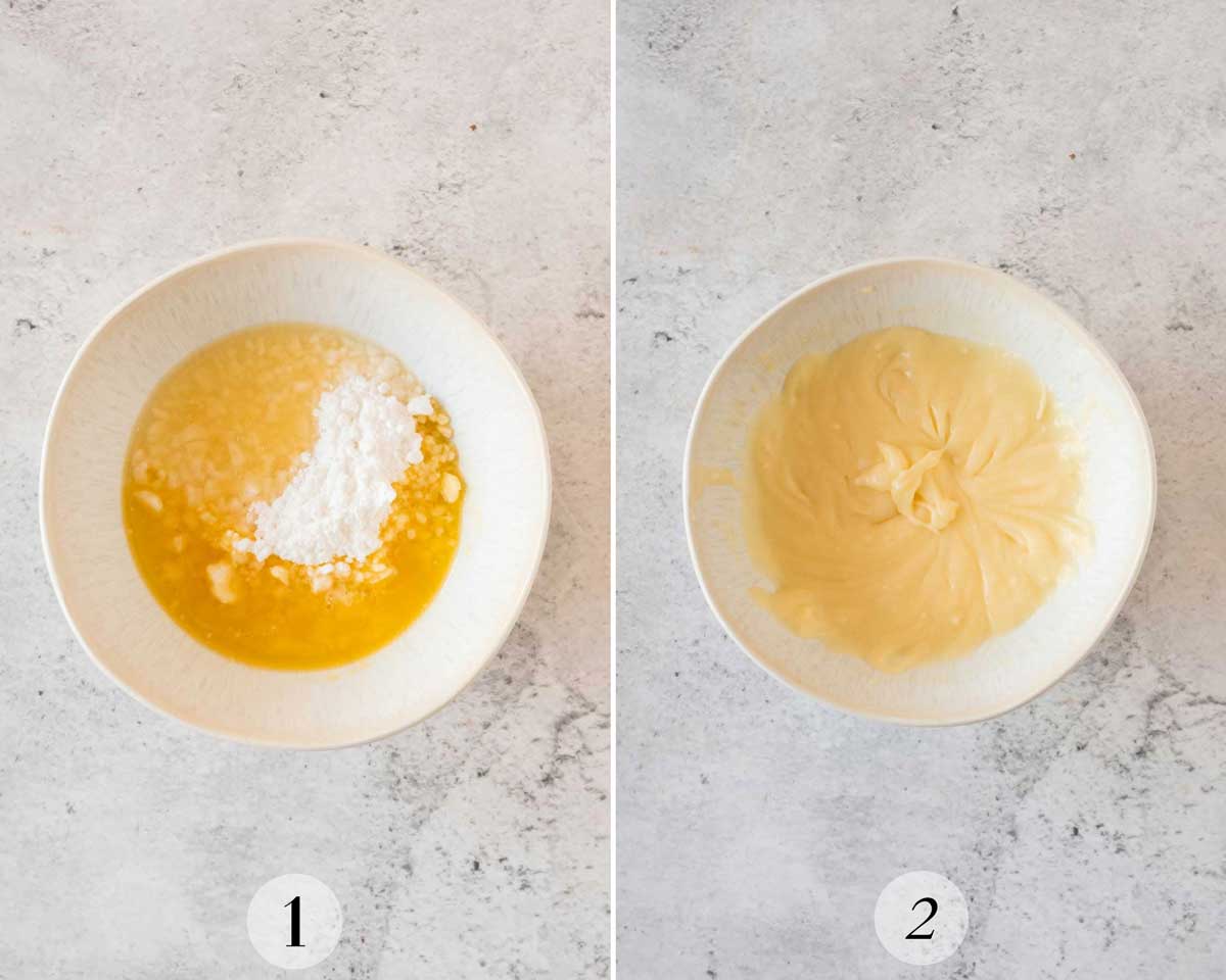 Two pictures showing the process of making orange buttercream frosting.