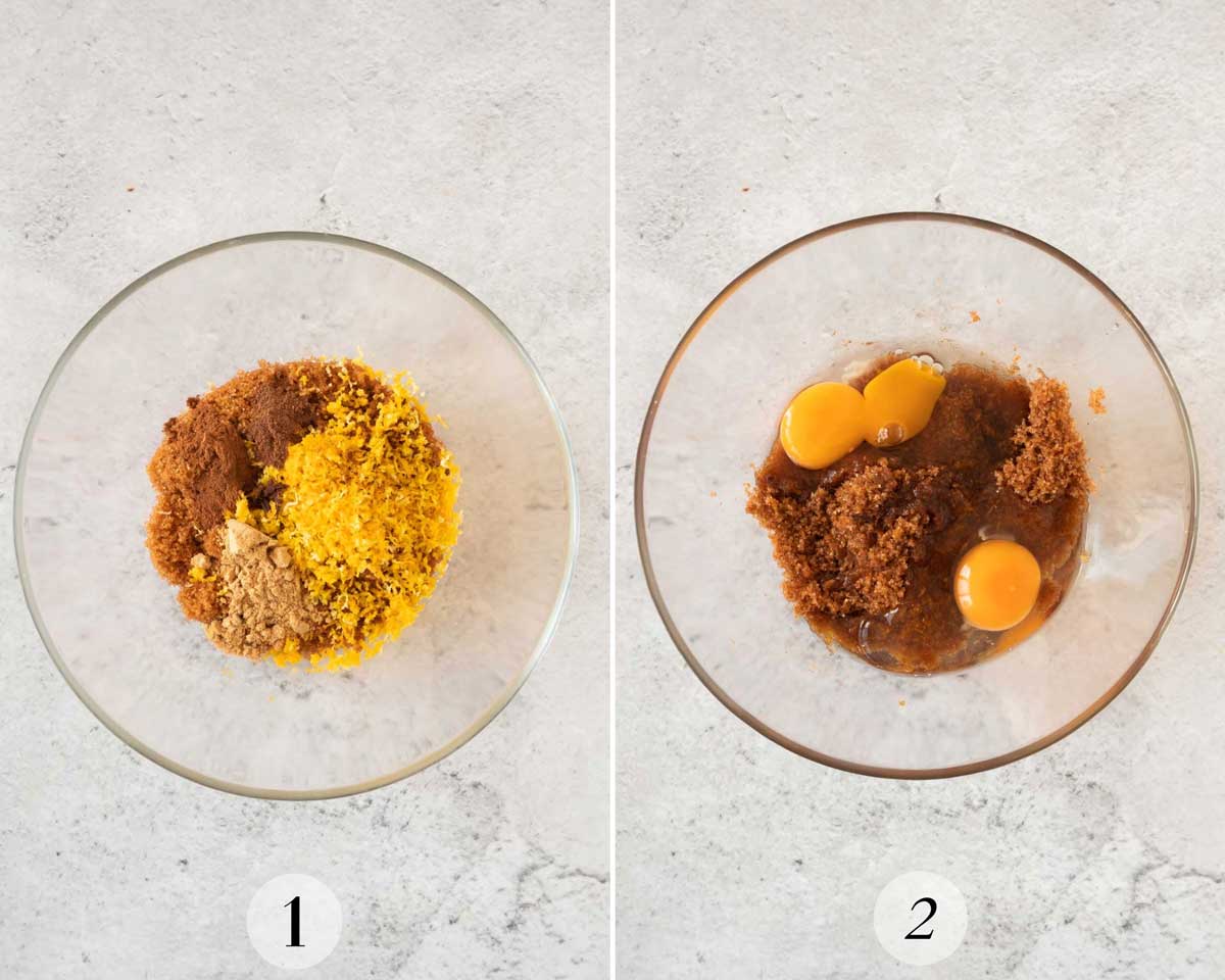Two photos showing the ingredients and process for making a gingerbread loaf.
