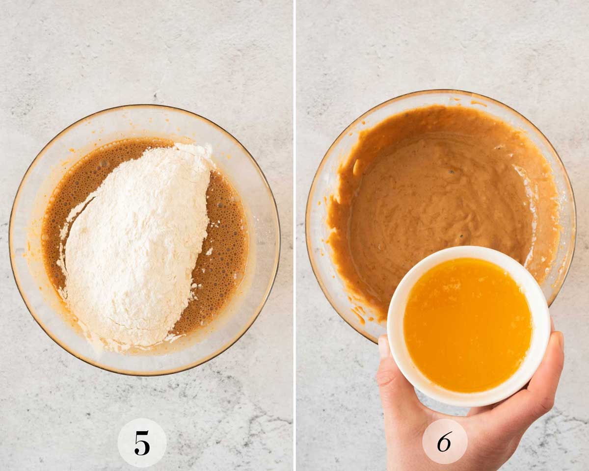Two photos showing a person mixing ingredients in a bowl.