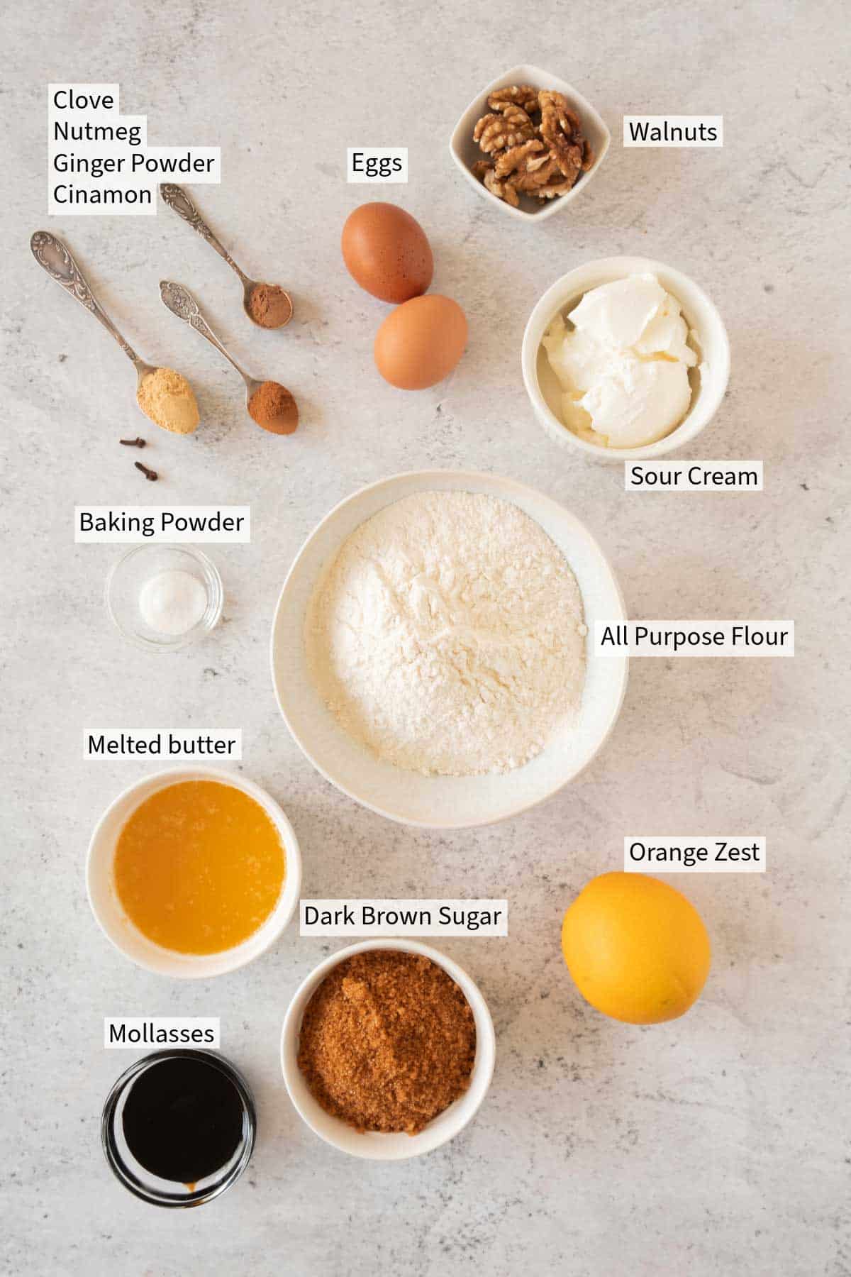 The ingredients for a gingerbread loaf cake.