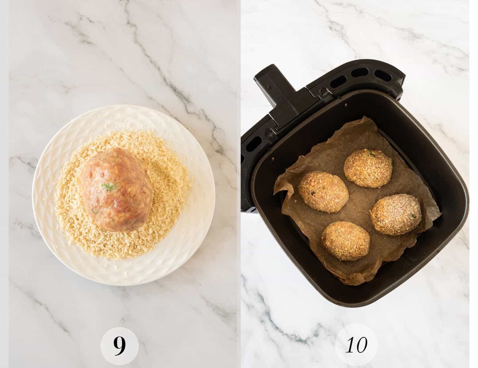 Process shots showing how to crumb and cook scotch eggs in an air-fryer.