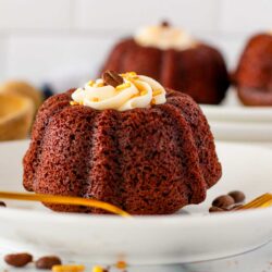 Mini coffee and Baileys bundt cake on a plate with a gold fork.