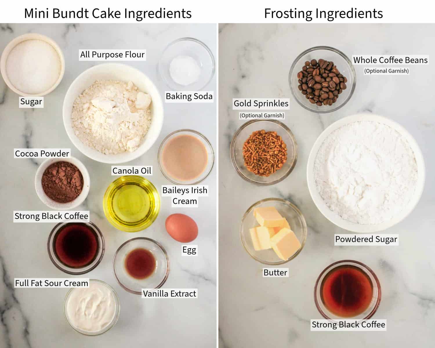 Ingredients for mini bundt cakes with coffee and Irish Cream.
