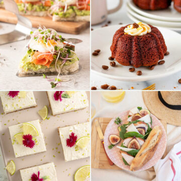 A collage of photos showing different romantic picnic foods.