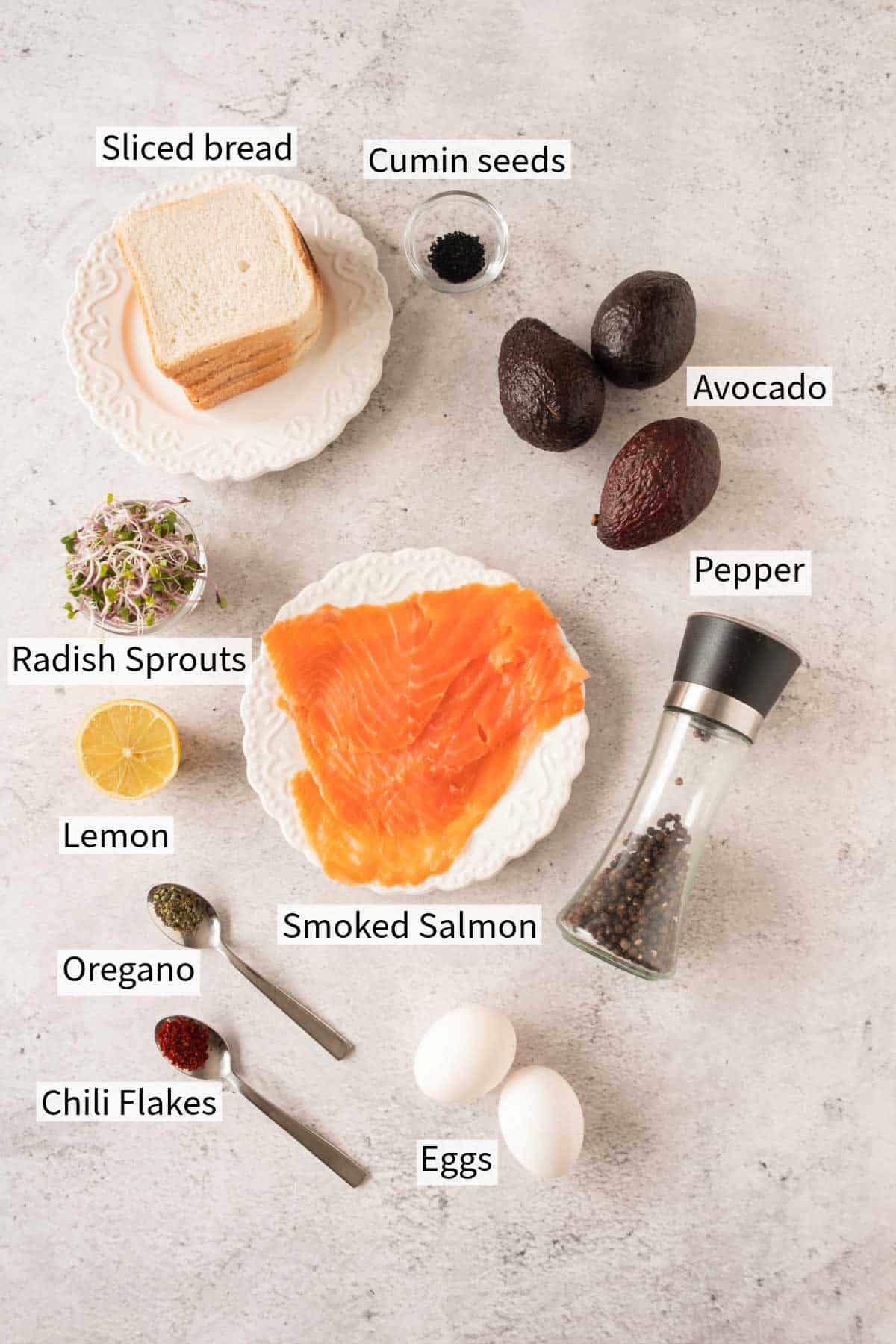 The ingredients for a salmon and avocado sandwich are shown.
