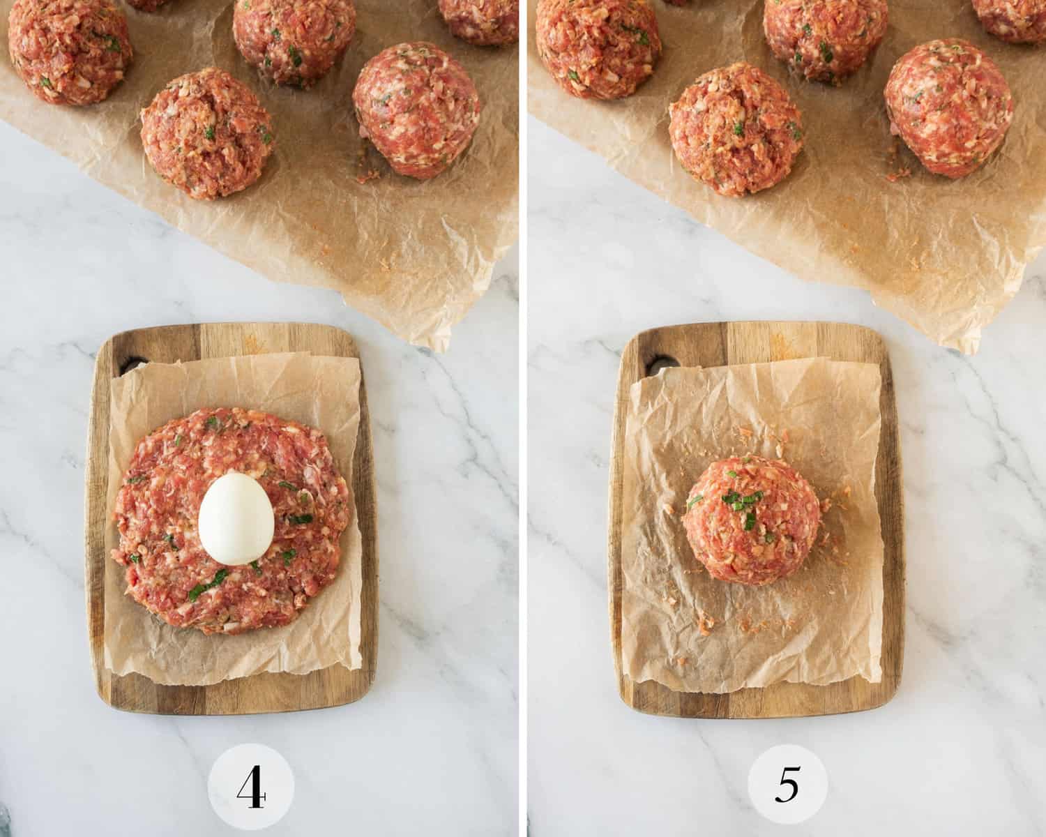 Process shots showing how to shape the meat around scotch eggs.