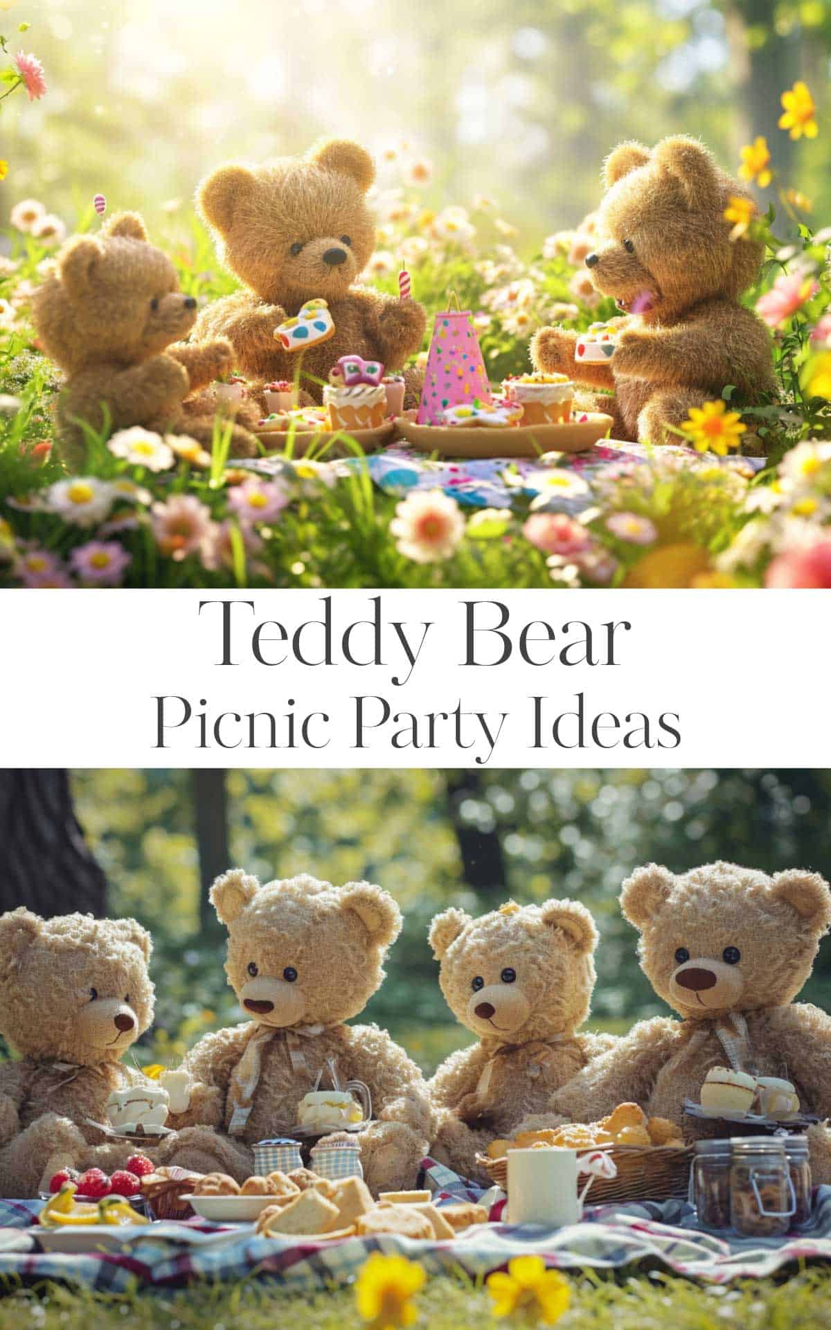Images of teddy bears having picnic with text overlay "Teddy bear picnic party ideas".