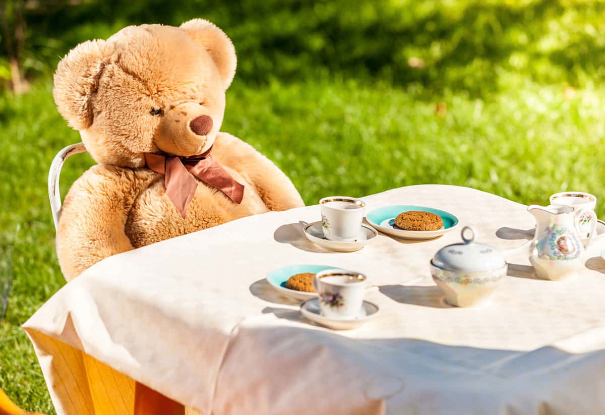 A teddy bear sitting at a table.
