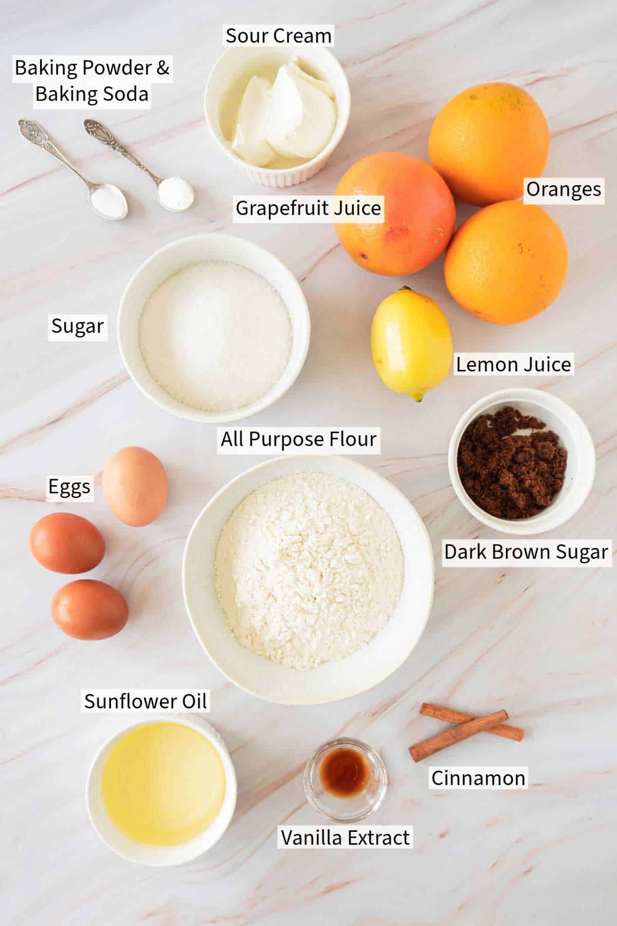 A list of ingredients for an orange upside Down cake.