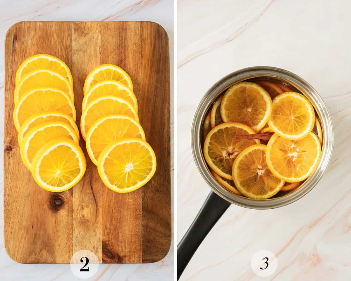 Two pictures of orange slices on a cutting board and in a saucepan with sugar.