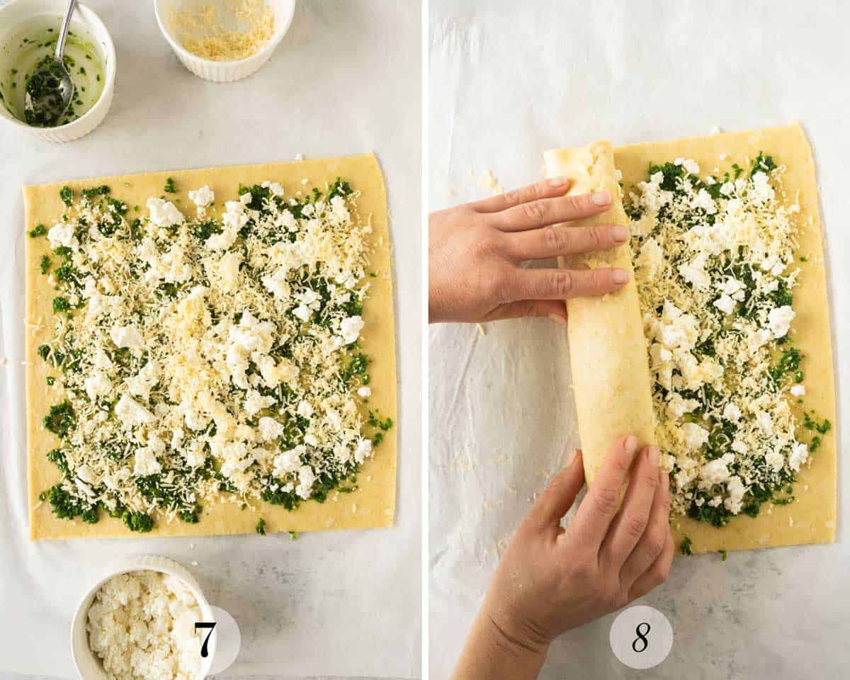 Showing how the pesto and feta cheese and rolling the dough for bread.