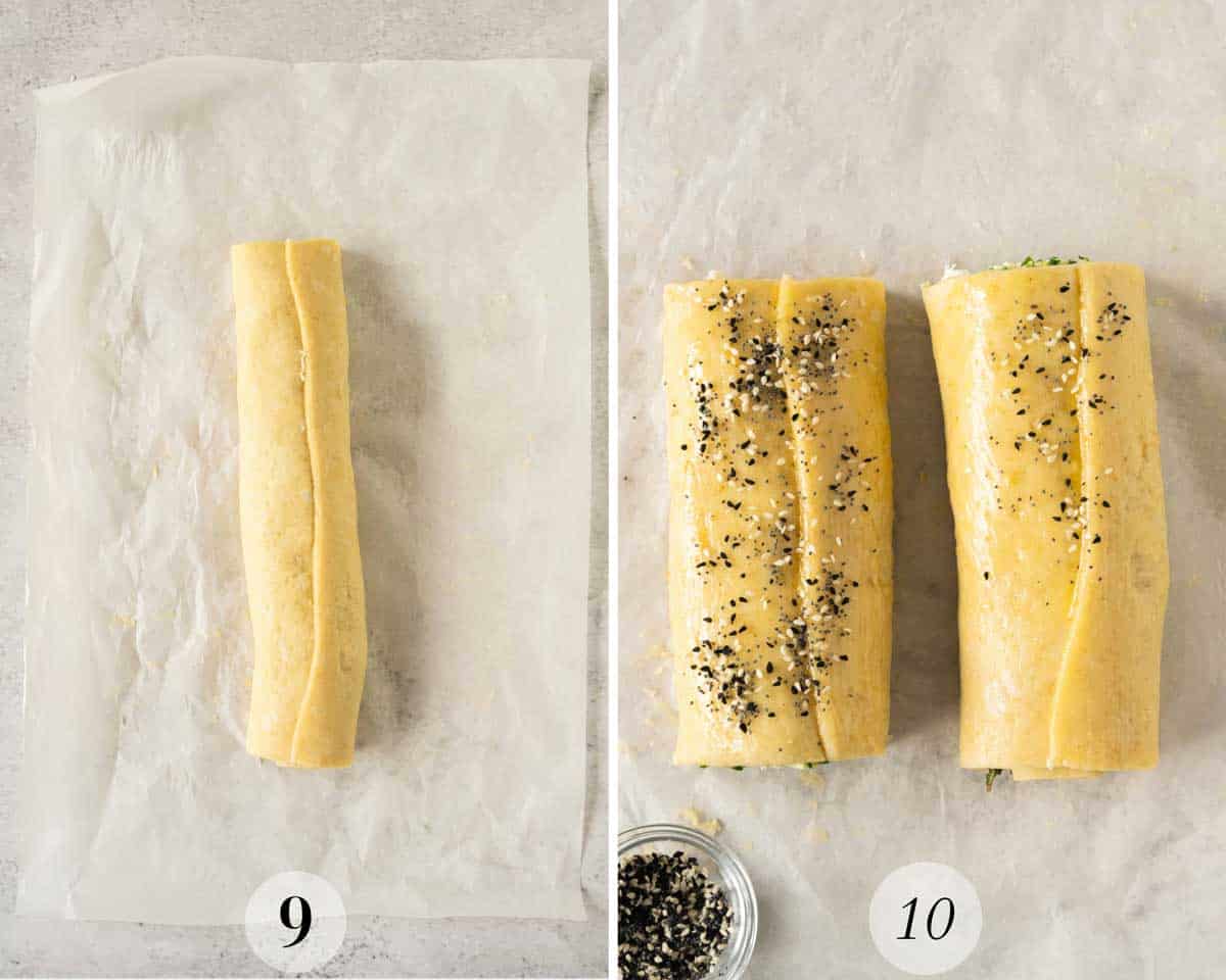 Two pictures showing the cheese and pesto bread dough with sesame seeds.