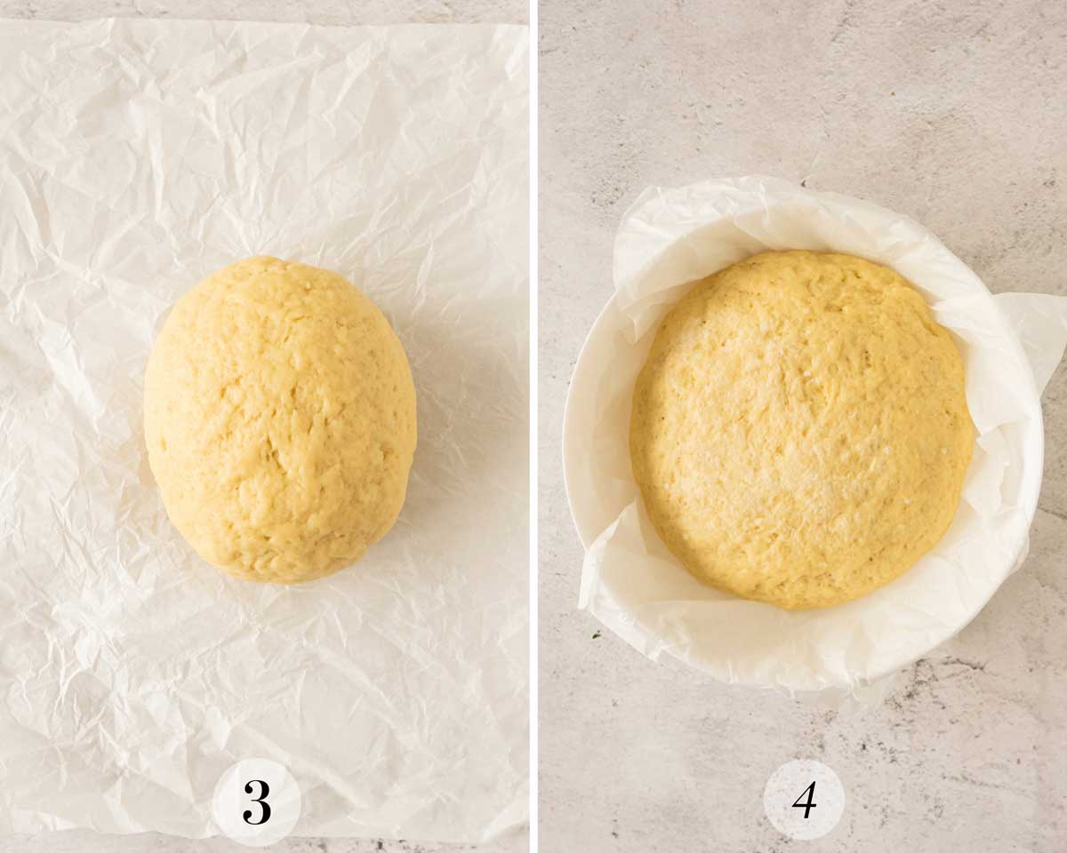 Two pictures showing the dough for bread with pesto and feta cheese.