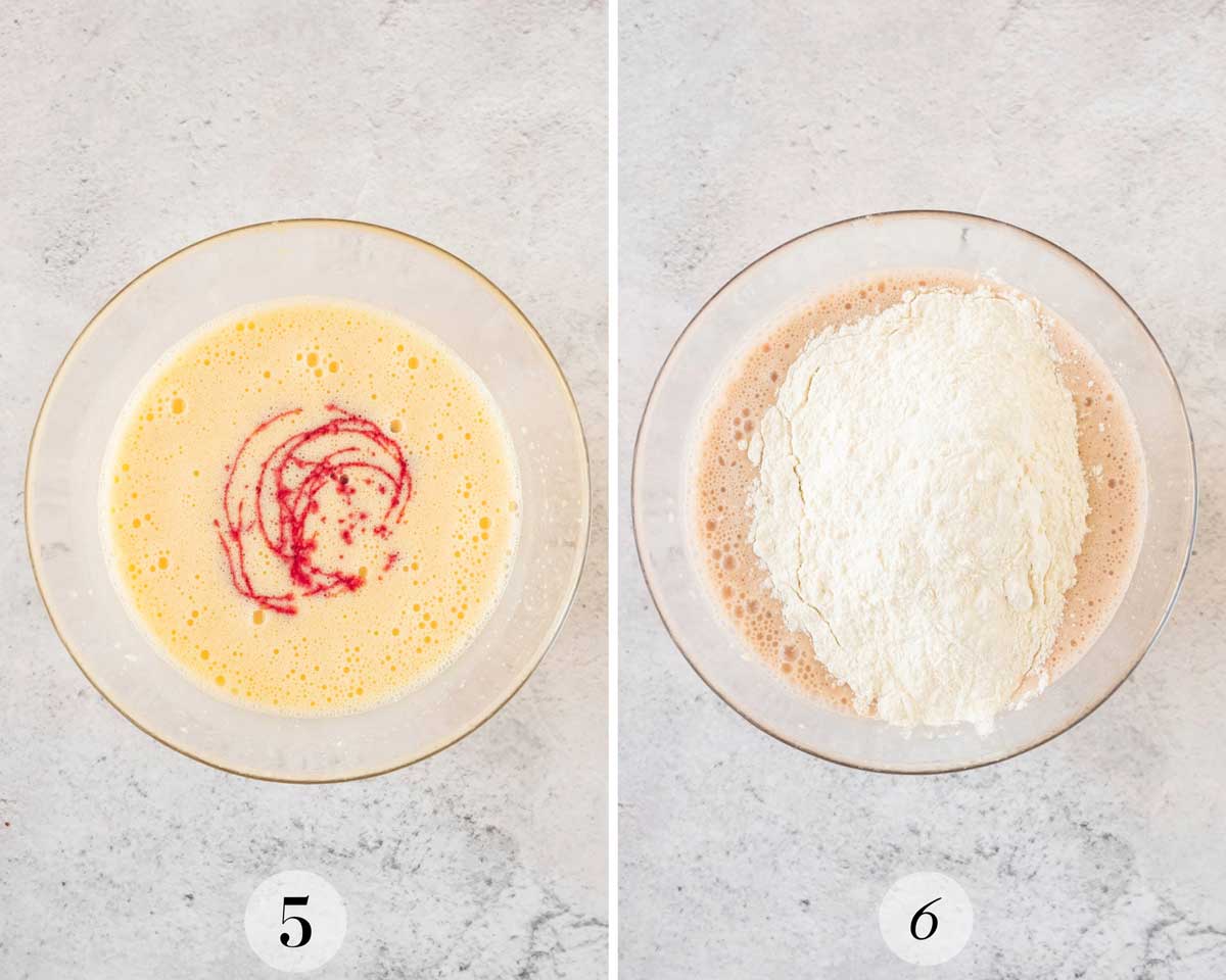 Two photos showing the batter for raspberry cupcakes.