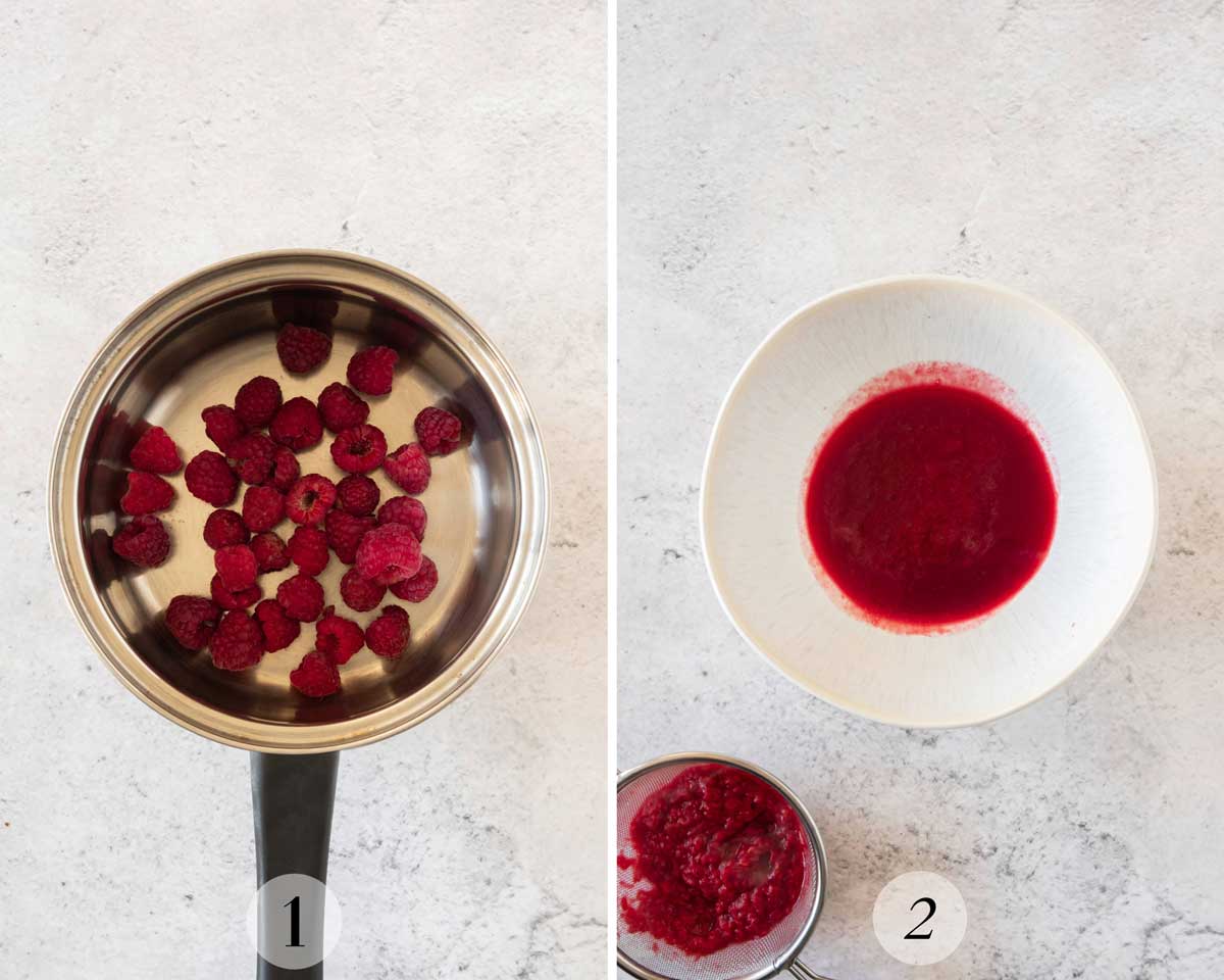 two photos showing the process for preparing raspberries for cupcakes. 