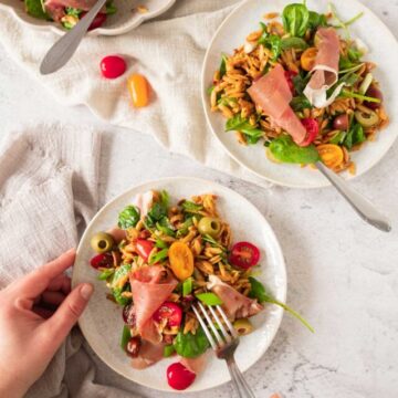 A plate of pasta salad with ham and tomatoes.