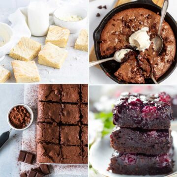 A collage of four images showcasing a chocolate chip skillet cookie, chocolate brownies, and berry-topped brownies.