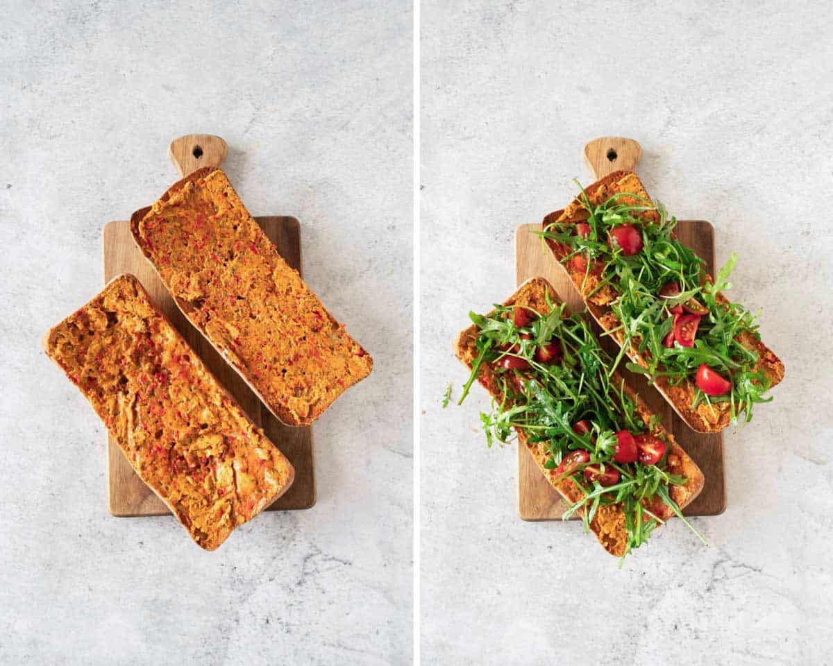 Two images showing making a sandwich with the left showing red pepper spread and the right with arugula and tomatoes on a wooden board.