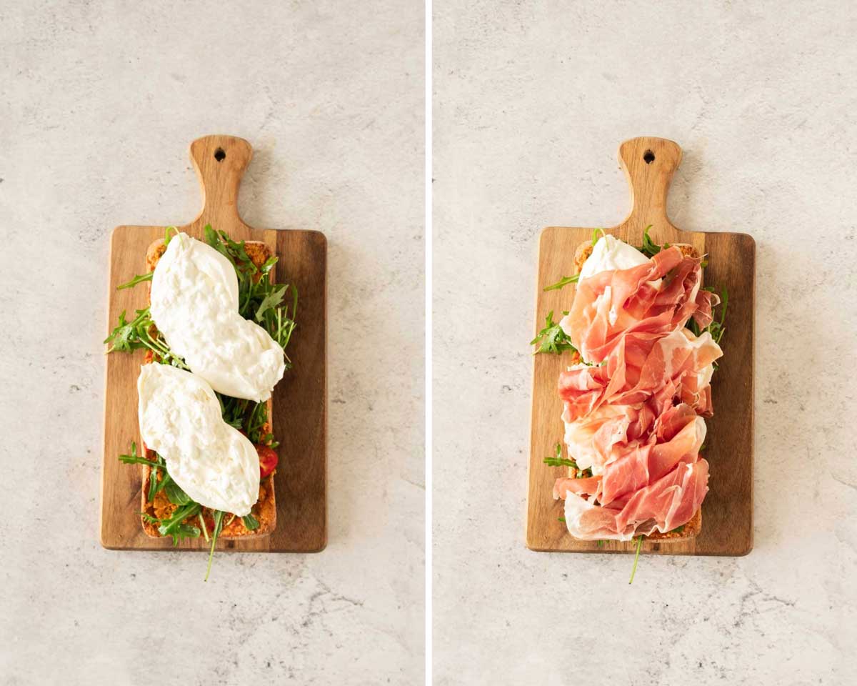 Two shots showing making a prosciutto sandwich, with the left showing burrata cheese and arugula, and the right adding slices of prosciutto.