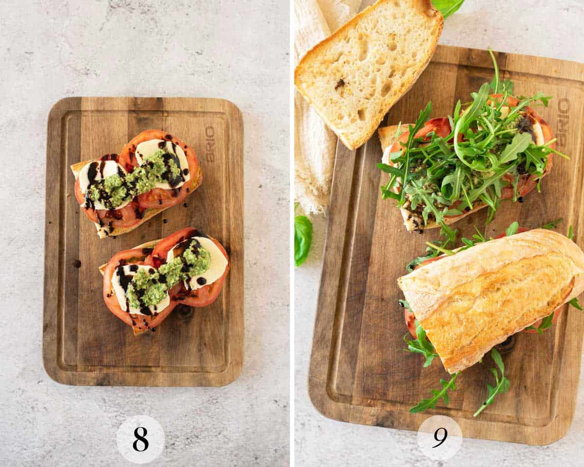 Two pictures of Caprese sandwiches being made on a wooden cutting board.