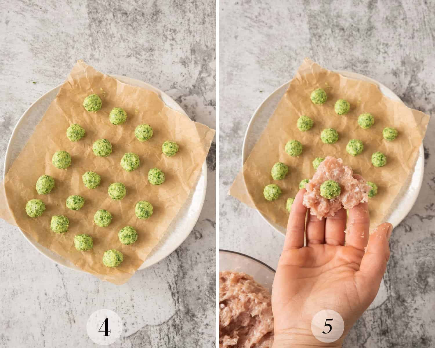 Two pictures showing the process of putting the garlic butter in chicken balls. 