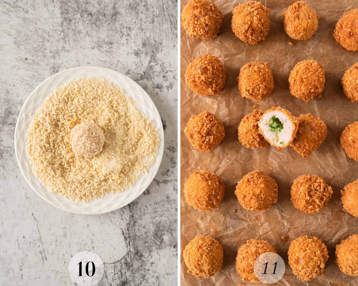 A series of photos showing the steps to crumb and fry chicken Kiev balls.