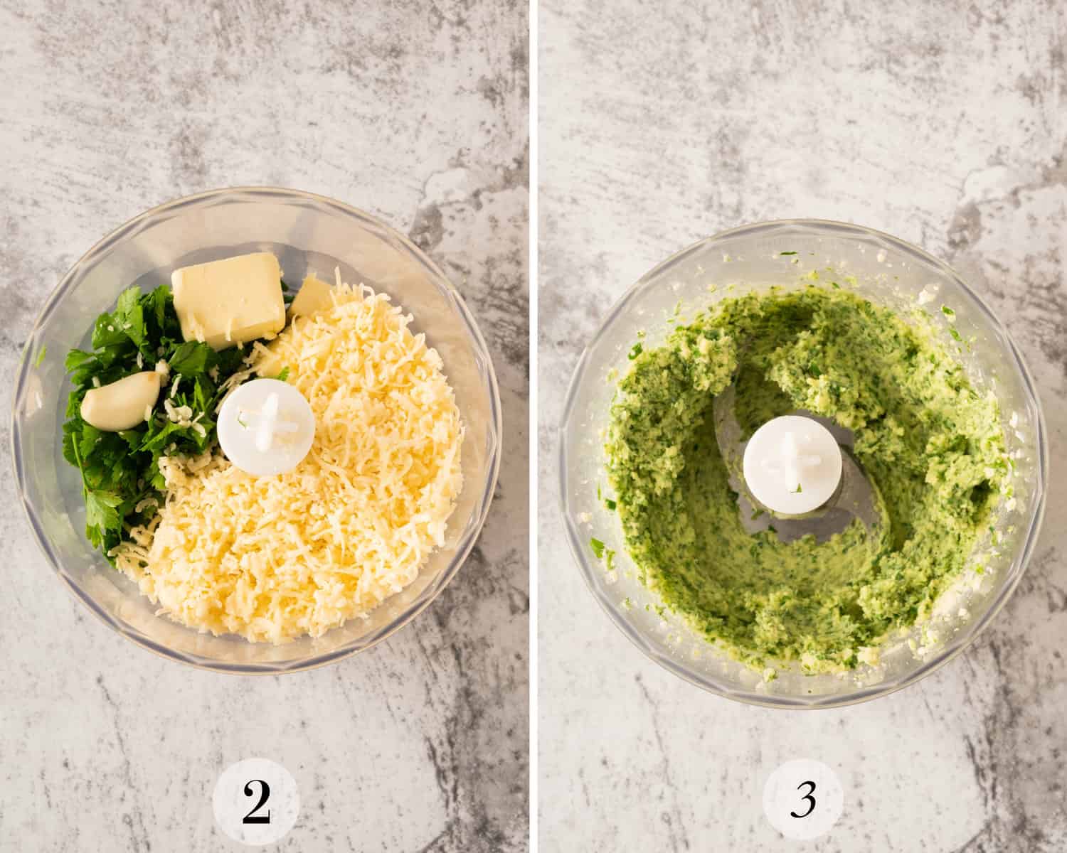 Two pictures of ingredients for chicken Kiev garlic butter in a food processor.