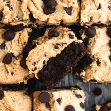 Cookie dough brownies cut into squares.