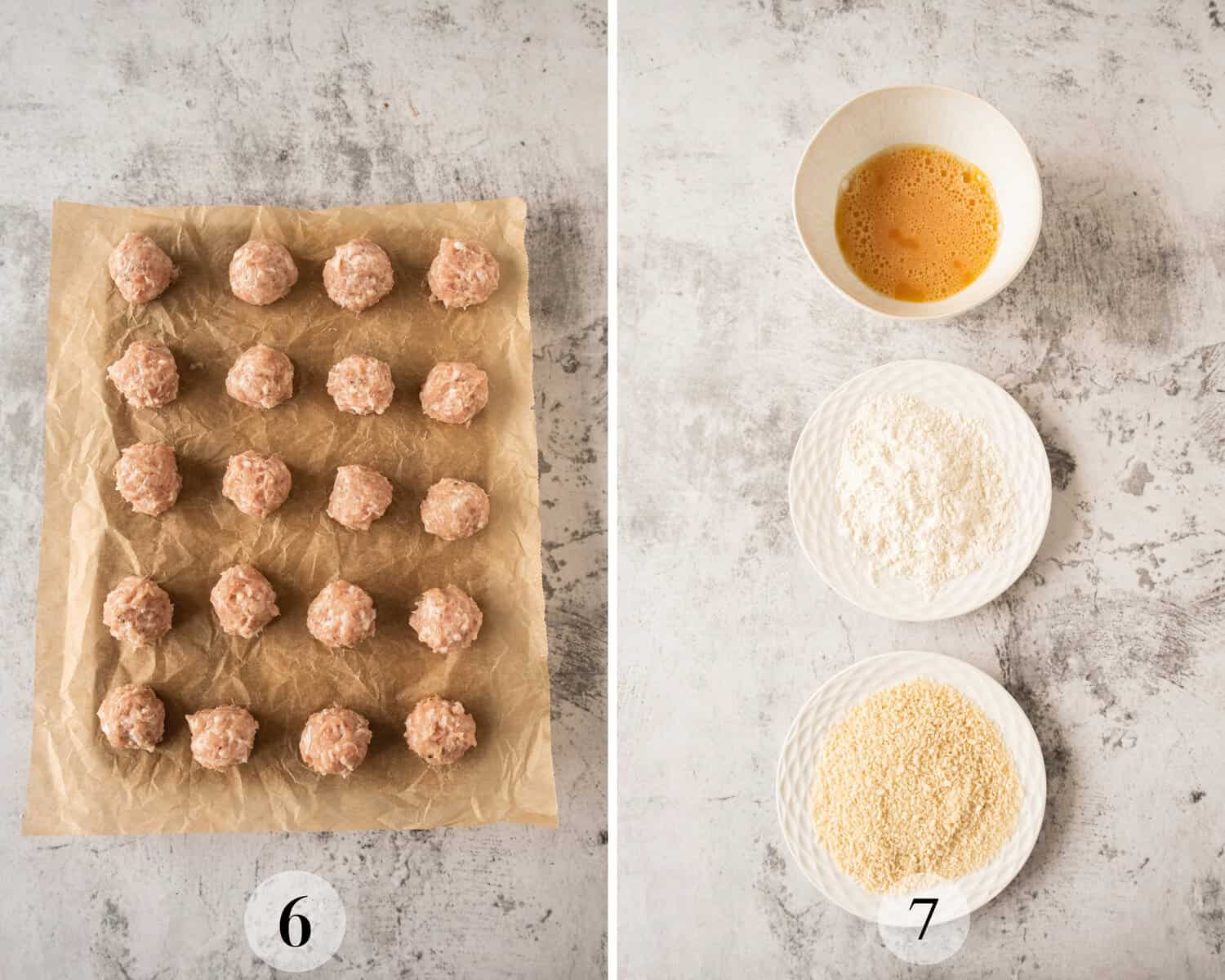 A series of photos showing the steps to crumb chicken Kiev balls.