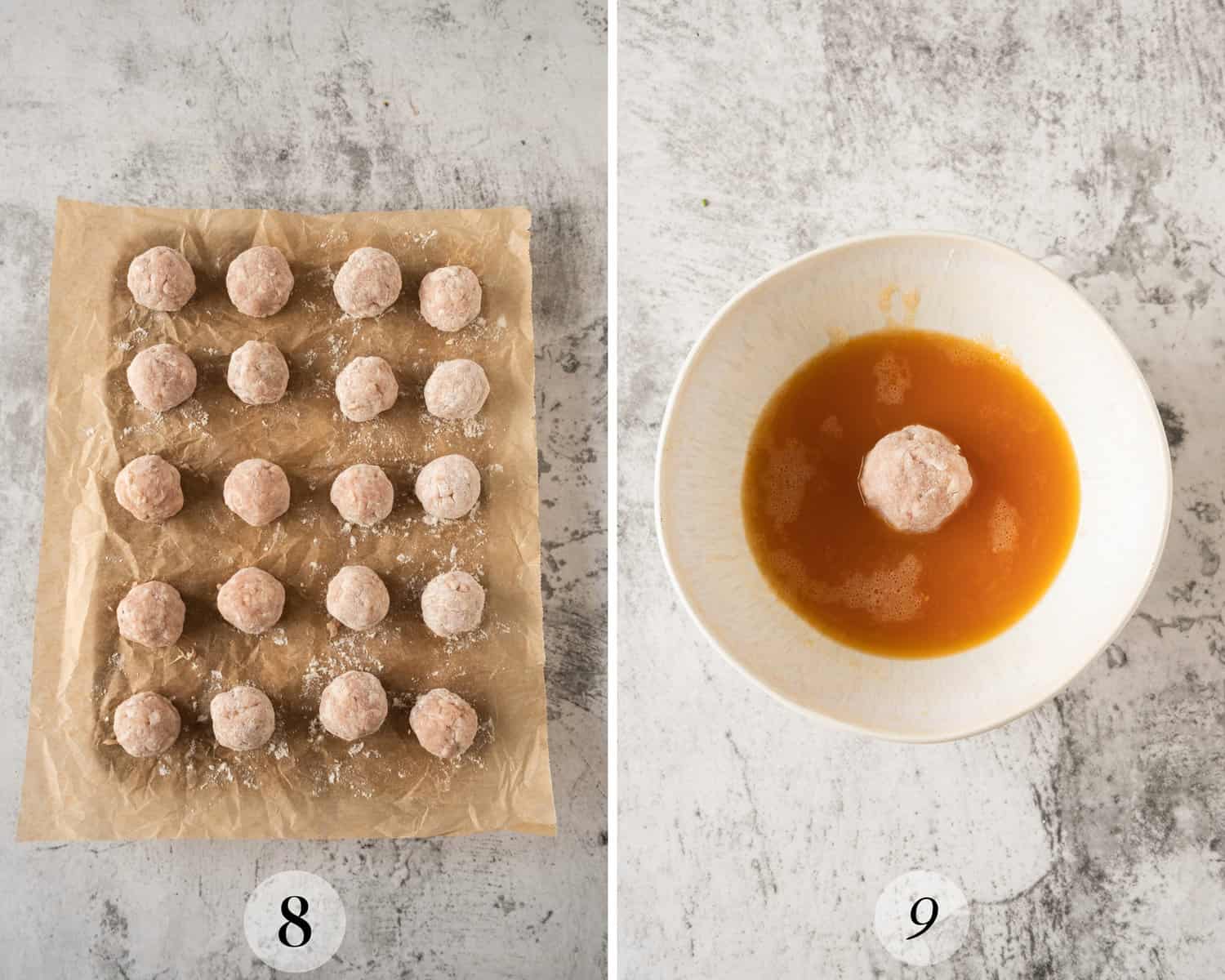 A series of photos showing how to crumb garlic butter chicken balls.