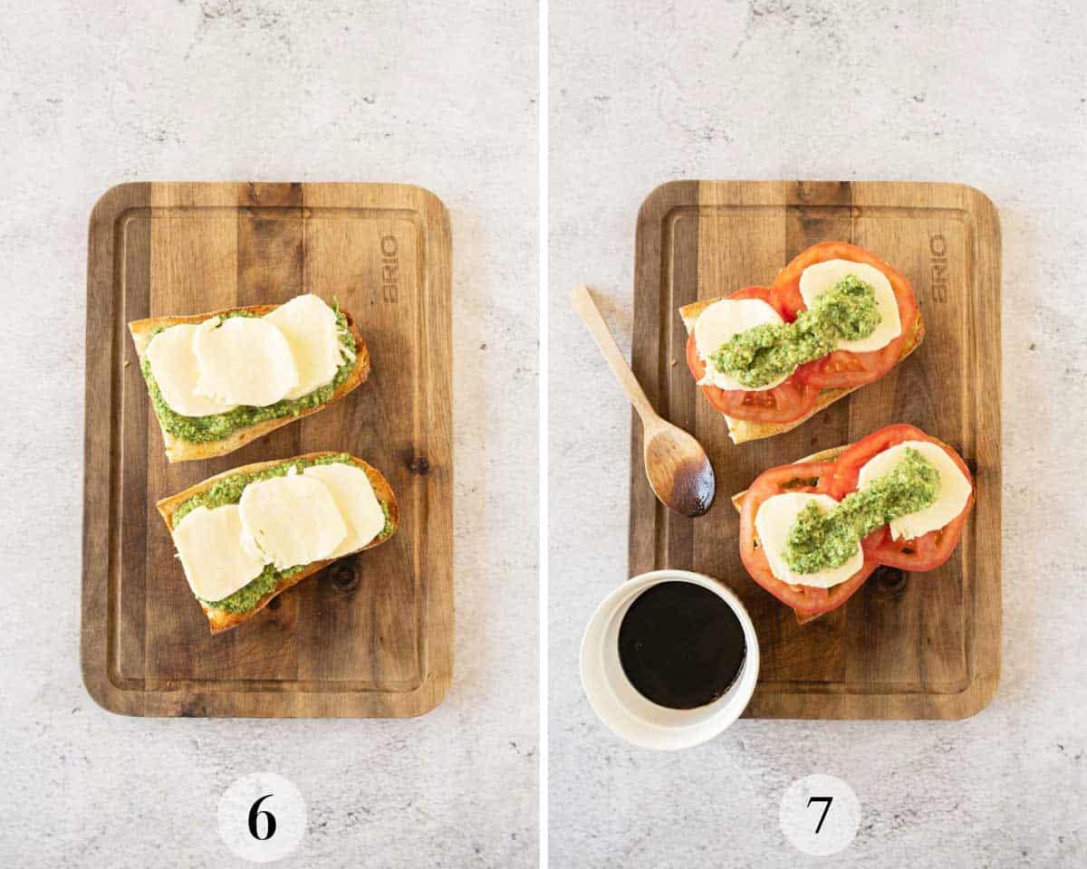 two pictures showing the process for making a Caprese sandwich on a wooden cutting board.