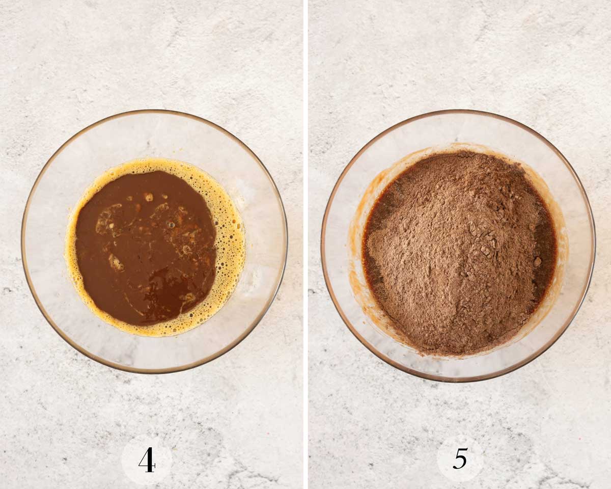 Two images showing the process for brownies mixing the wet and dry ingredients.