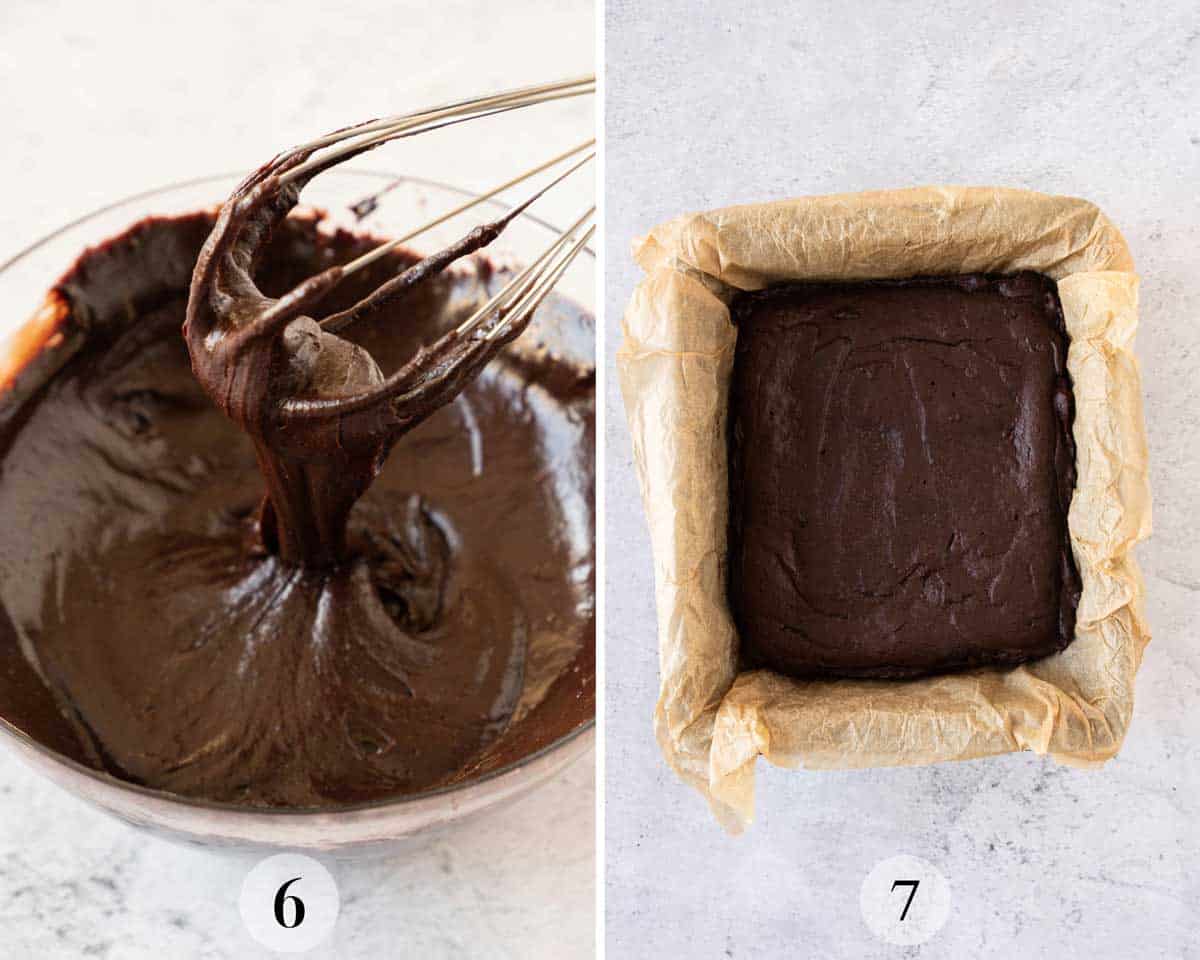 Two images showing brownie batter being whisked and in a pan ready to be baked. 