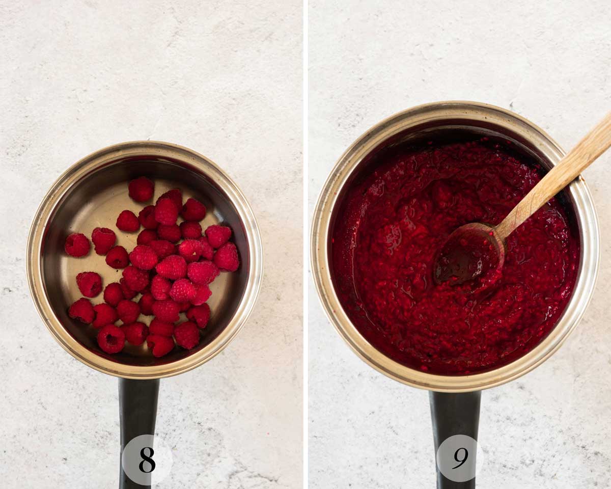 Two images showing raspberries in a saucepan before and after cooking. 