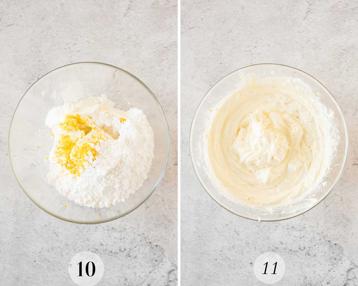 two images showing the preparation for cheesecake mix. 