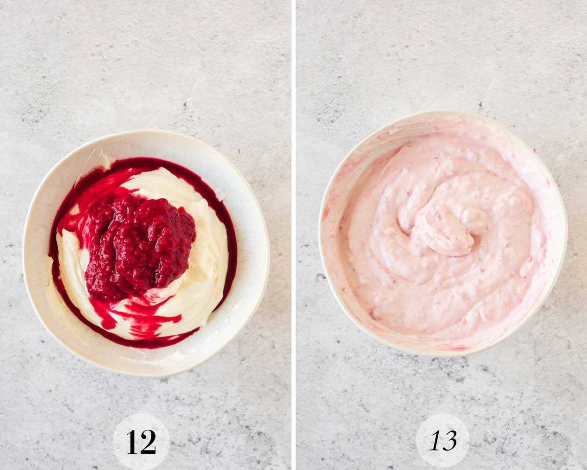 Two images showing the preparation for raspberry cheesecake mix.