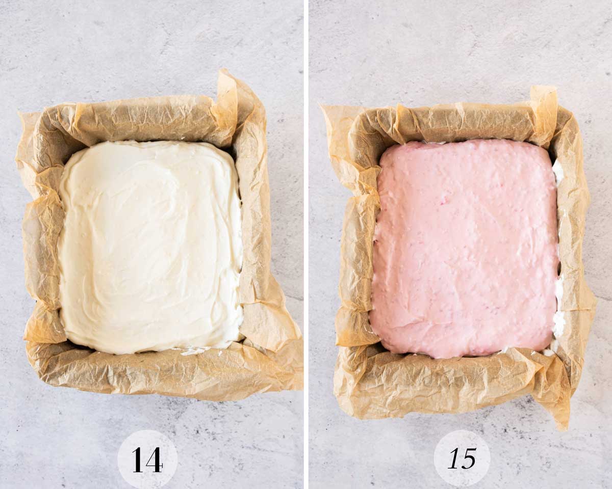 Two images showing the layering of cheesecake on top of the brownie in a pan. 