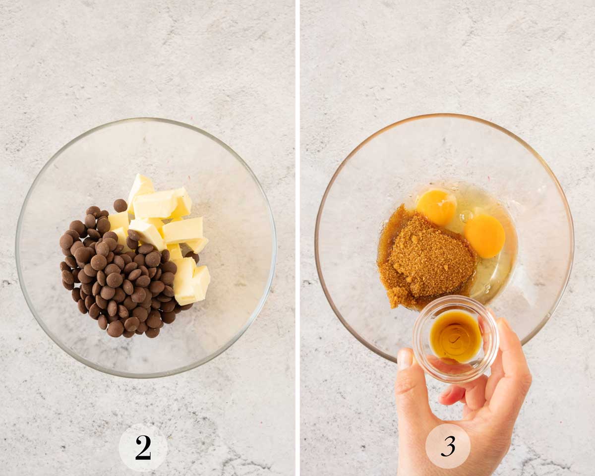Two images showing the process for brownies with butter and chocolate and wet ingredients. 