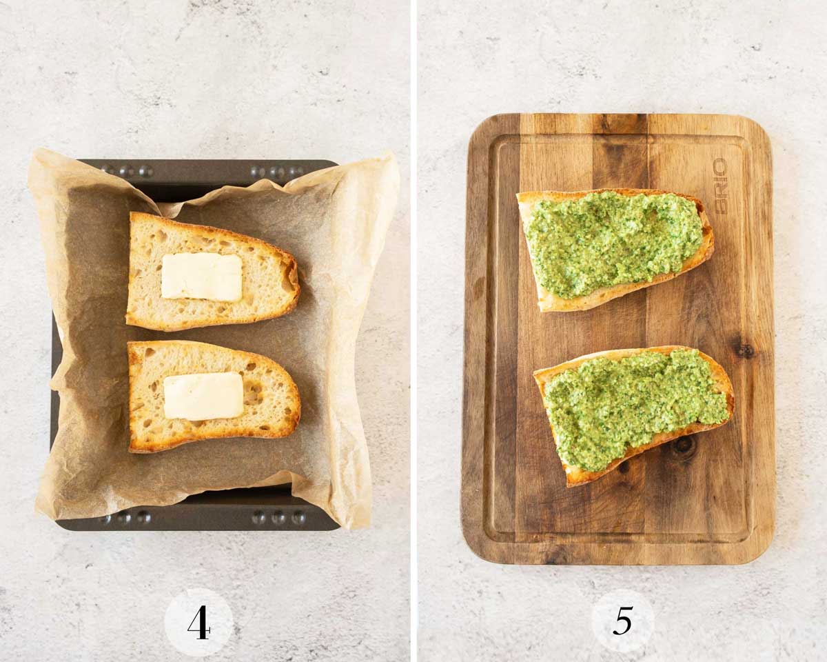 two images showing toasted baguette halves with pesto on one and butter on the other. 